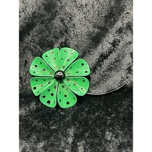 Vtg Enamel Polkadot Brooch Pin Floral Daisy Green Black Mod Groovy 3” Flower